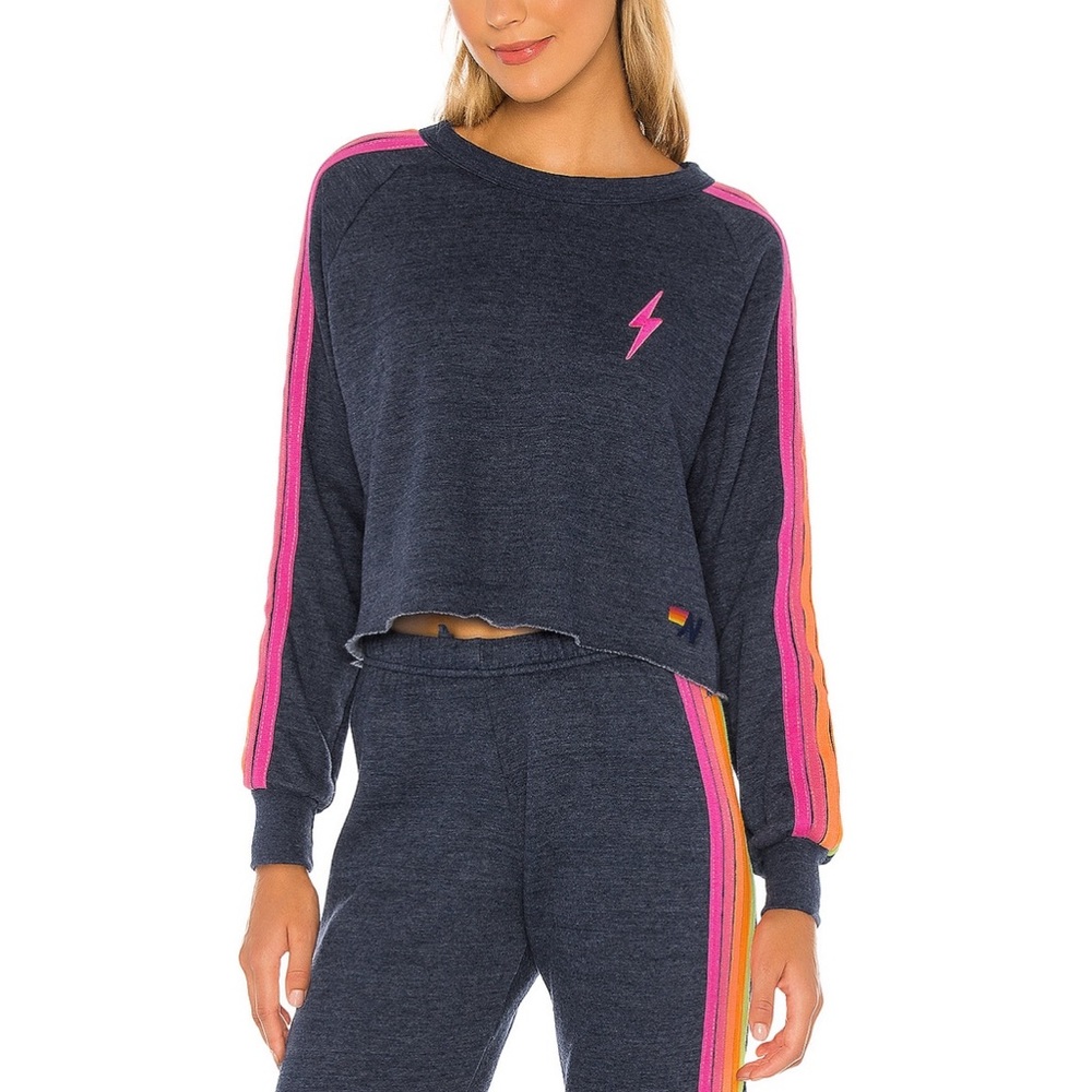 Aviator Nation Bolt Cropped Classic Crewneck in Heather Navy Neon